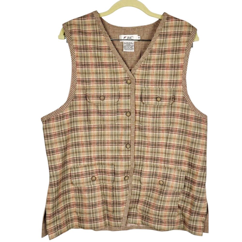 JHC Vintage Plaid Button Up Retro 90s Linen‎ Cotton Blend Vest Sz 16 Breathable